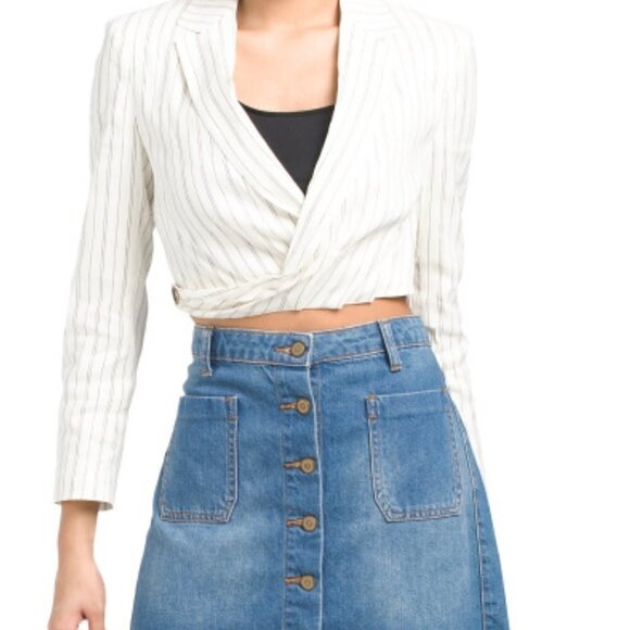 Zara Womens NWT Striped Wrap Button Cream Linen Blend Short Jacket Blazer XS - Picture 1 of 10